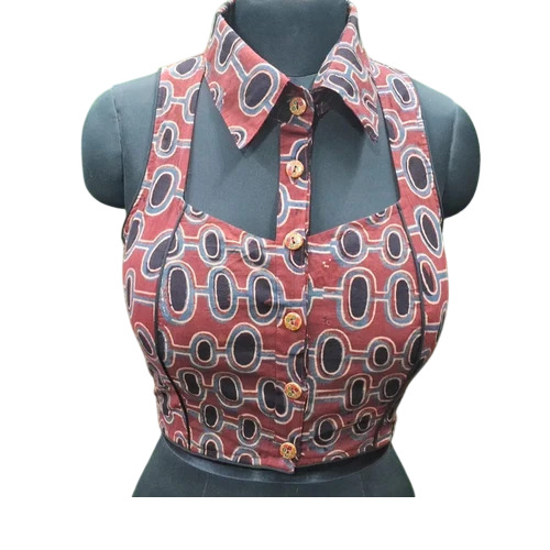 Red Shirt Collar Ajrakh Printed Cotton Blouses - Cotton, 210 GSM, Red, Stitched Front Button | Sleeveless, Collared Neck, Party Wear, Washable