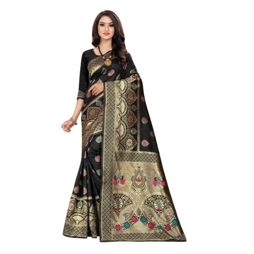 Roop Sringar 3 Black Silk Saree 5.5m with Blouse Piece | Banarasi Weaving Printed Winter Ethnic Wear