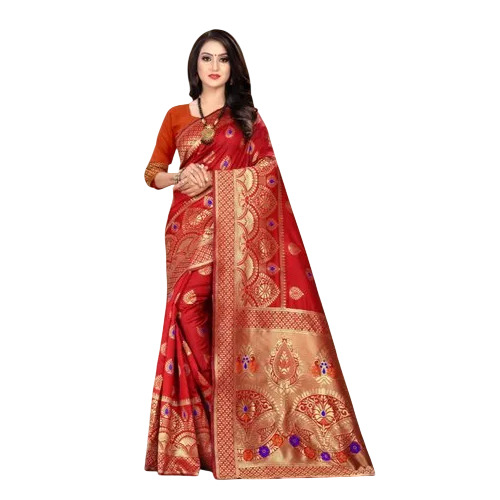 Roop Sringar 3 Red Soft Silk Saree 5.5m With Blouse Piece, Banarasi Weaving Pattern Winter Wear