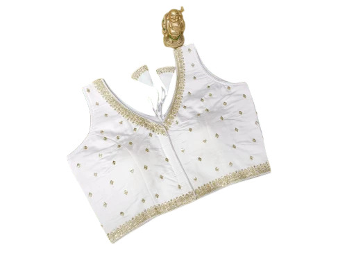 White Embroidered Designer Stone Work Blouses - Silk, 38 Inch, White | V-Neck, Sleeveless, Party Wear