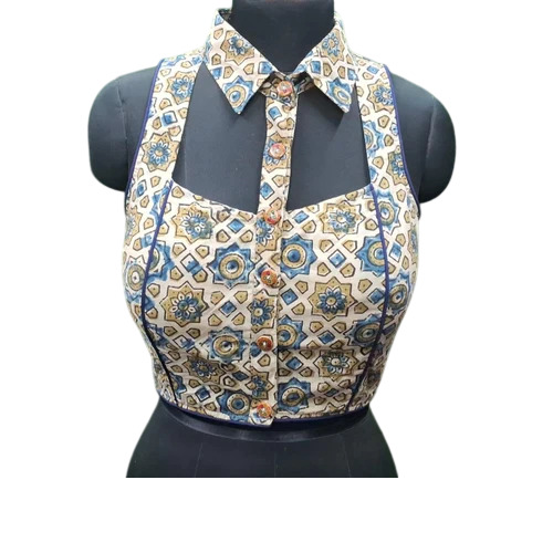 White Shirt Collar Ajrakh Printed Cotton Blouses - Ethnic Region: Indian