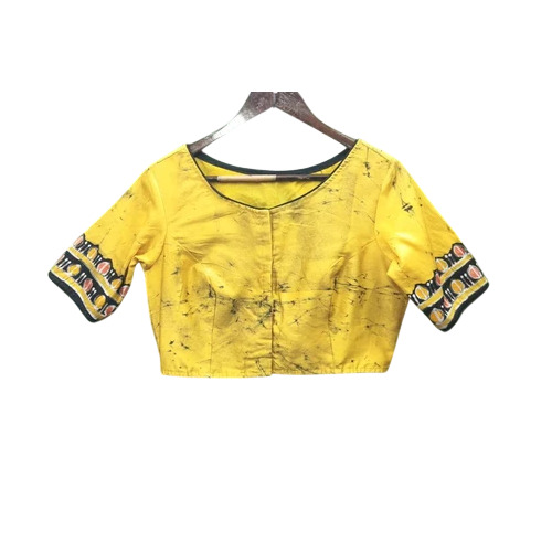 Yellow Silk Cotton Hand Batik Printed Blouse - 220 GSM Stitched Front Button | Round Neck Half Sleeves Washable Party Wear