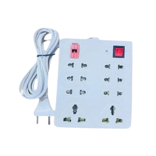 8 Socket Electric Extension Board - Plastic, White, Single Phase 220V, 5A, Shock Proof, Overheating Protection