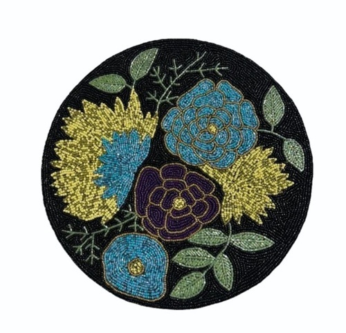 Floral Beaded Table Mat - Cotton Round Multicolor | Washable Quick Drying Embroidered