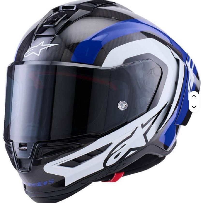 Alpinestars Supertech R10 Radius Gloss Carbon Blue and White Helmet - Carbon Fiber, EPS, Fiberglass, Polypropylene | Full Face, 1450g, 2 Shields, 2 Winglets, Helmet Bag