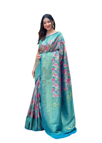 Aqua Green Kanchipuram Silk Sarees - Silk, 6 m with Blouse Piece | Embroidered, Party Wear, South Style