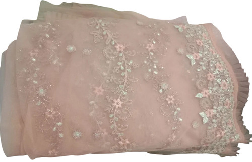 Beige Net Glitter Cording Embroidered Saree - 6.5 Meter With 1 Meter Net Blouse Piece, Wedding Wear, Embroidery