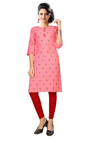 Beige Printed Rayon Kurti - Rayon, XL, Beige, 150 GSM, Regular Fit, Hand Wash | Breathable, Comfortable, Washable, Ladies, Casual, Summer, 3-4th Sleeve, Modern Straight Style