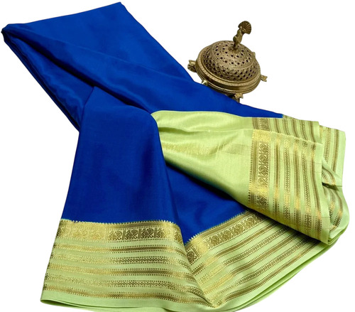 Blue Mysore Semi Crepe Silk Saree - 6.3m Silk, 0.80m Silk Blouse, Zari Border, Zari Work