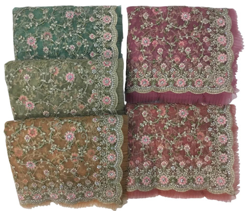 Colorful Cording Embroidered Fabrics Net Embroidery Saree