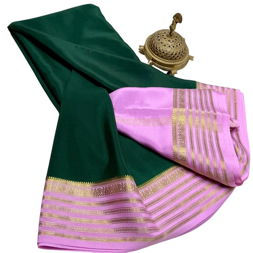 Dark Green Mysore Semi Crepe Silk Saree - Silk 6.3m Length With Blouse Piece | Zari Border Festive Winter Zari Work