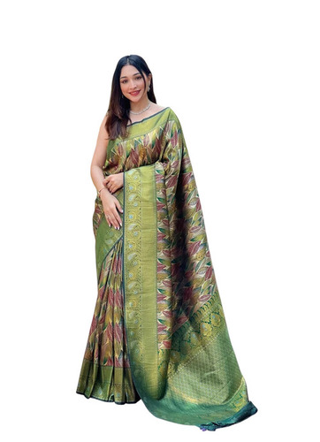 Green Kanchipuram Silk Sarees - Silk, 6m With Blouse Piece | Embroidered, Party Wear, South Style