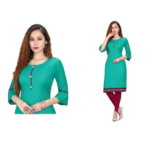 Green Rayon Kurtis - Rayon, XL, Green | Breathable, Comfortable, Machine Washable, Ladies Casual 3-4th Sleeve