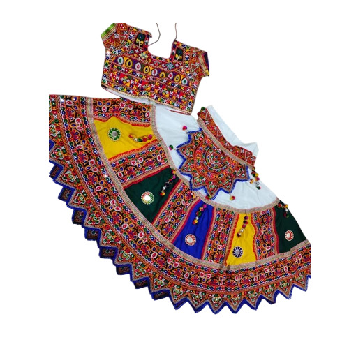 Gujrati Garba Dance Dress And Lehenga - Cotton, White, Round Neck | Embroidered, Fit and Flare, Machine Washable