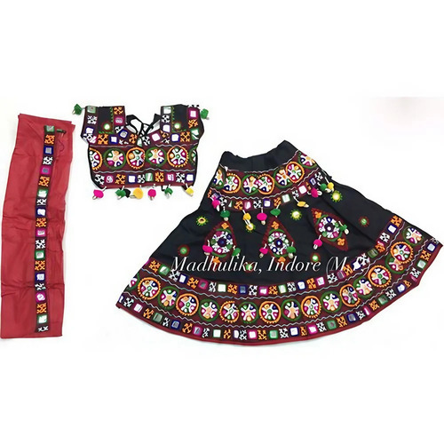 Kids Gujrati Lehenga - Silk Black, Embroidered | Breathable, Comfortable, Machine Washable, Short Sleeves