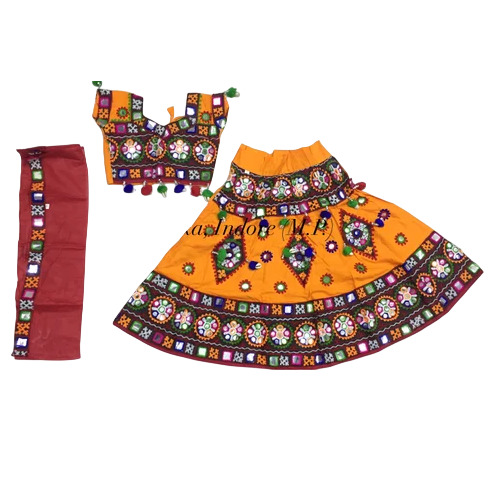Kids Navratri Garba Dress Lehenga Choli - Silk, Yellow, Embroidered | Comfortable, Short Sleeves, Traditional Garba Style