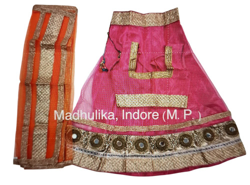 Kids Pink Gujrati Lehenga - Cotton, Sizes S/M/L, Pink | Embroidered, Breathable, Machine Washable, Traditional Style