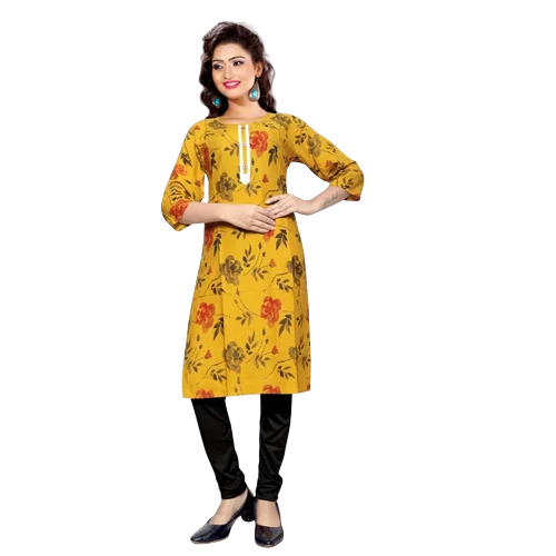 Ladies Yellow Printed Rayon Kurti - 150 GSM, XL, Regular Fit, 3-4th Sleeve, Breathable, Comfortable, Washable