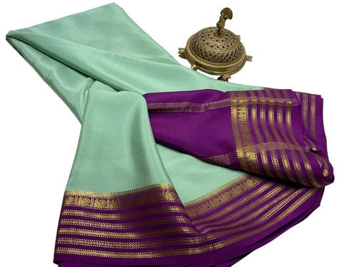 Light Green Mysore Semi Crepe Silk Saree - Silk, 6.3 m Length, With Blouse Piece | Zari Border, Zari Work, Festive Wear