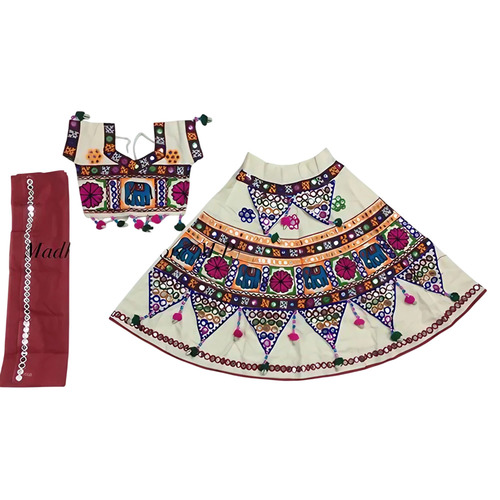 Madhulika Kids Gujarati Lehenga - Chanderi Fabric, Off White, Embroidered | Breathable, Comfortable, Machine Washable