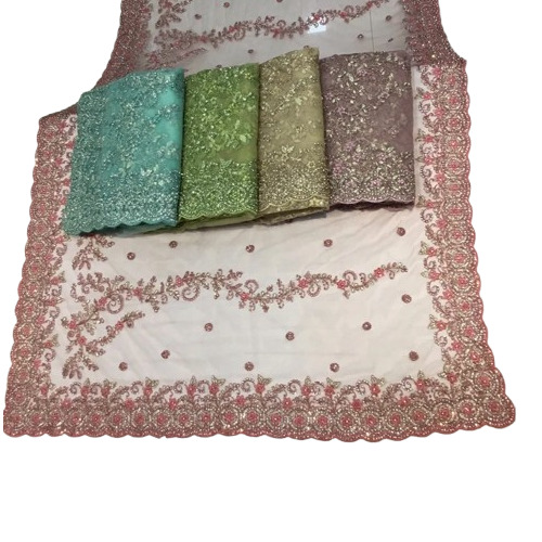 Multiple Color Net Glitter Cording Embroidered Saree - 6.5 Meter With Net Blouse Piece, Wedding Wear Embroidery