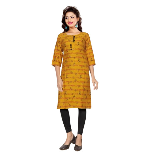 Mustard Yellow Printed Rayon Kurti - Rayon, XL, 150 GSM | Breathable, Comfortable, Hand Wash, 3-4th Sleeve, Regular Fit