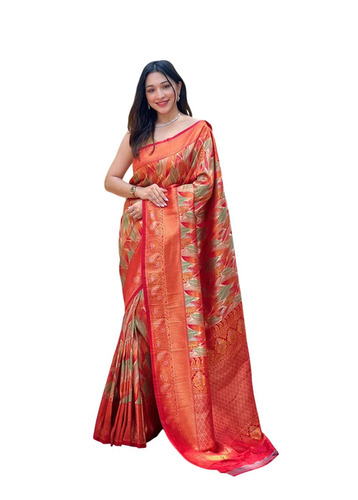 Orange Kanchipuram Silk Sarees - Silk 6 m Orange | Embroidered Party Wear South Style