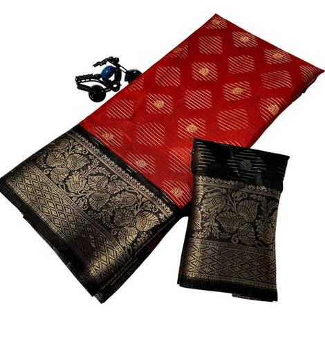 Red Mysore Silk Saree - Mysore Crepe Silk, 6.3m, Red | Zari Border, Silk Blouse, Festive Party Wear