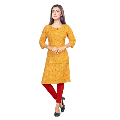 Yellow Printed Rayon Kurti