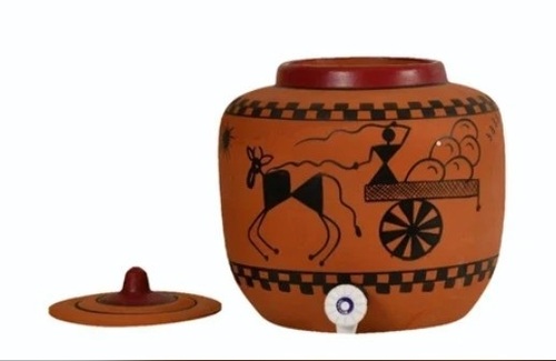12 Litre Clay Water Pot - Round, Color Coated | Handcrafted Finish, Wide Opening, Porous Natural Cooling
