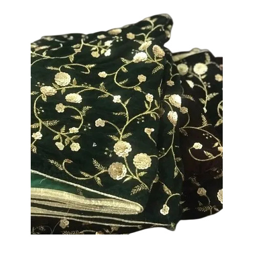 Dark Green Velvet Embroidery Dupatta - Velvet, Dark Green & Golden, Zari Work | Breathable, Comfortable, Dry Clean, No Fade