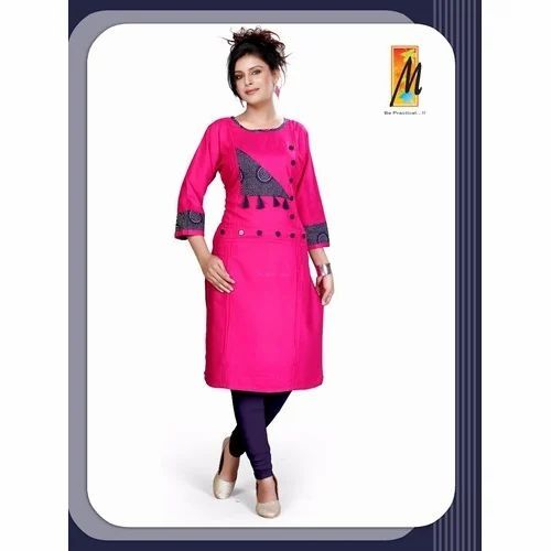 Ladies 3/4 Sleeve Cotton Kurti - Pink, Regular Fit, 3/4th Sleeve | Breathable, Anti UV, Quick Dry, Comfortable Fit