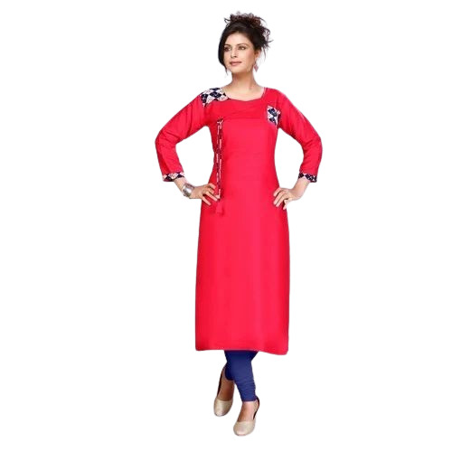 Ladies Cotton Plain Kurti - Full Sleeve, Regular Fit, Red | Anti UV, Breathable, Quick Dry, Wrinkle Resistant, Comfortable Fit