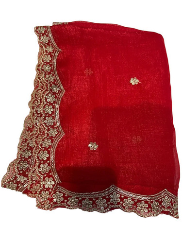 Ladies Red Fancy Silk Dupatta - Optimum Grade Silk, 50 Grams, Stitched | Comfortable, Embroidered, Skin Friendly