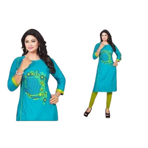 Ladies Round Neck Printed Kurti - Cotton, Various Sizes, Blue | Breathable, Anti Wrinkle, Quick Dry, Comfortable Fit