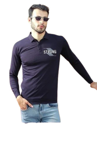 Men Collar T Shirt - Lycra Cotton, Various Sizes, Navy Blue | V-Neck, Full Sleeves, Breathable Comfortable Fit
