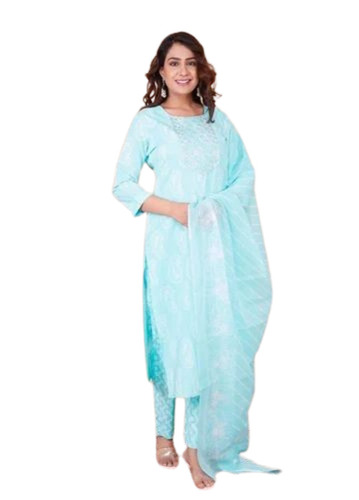 Ladies Aqua Blue Cotton Salwar Suit Set - Embroidered, 3/4 Sleeve, Regular Fit, Breathable, Anti UV, Washable