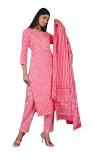 Ladies Party Wear Salwar Suit Set - Cotton, Pink, 3/4 Sleeve, Regular Fit | Breathable, Anti Wrinkle, Quick Dry, Comfortable Fit
