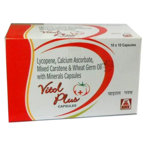Vitol Plus Capsule - Ingredients: Calcium Ascorbate 50Mg + Lycopene Usp 5000 Mcg + Mix Carotene 10.33 Wheat Germ Oil 25Mg + Zinc Sulphate 27.45Mg + Selenium 75 Mcg