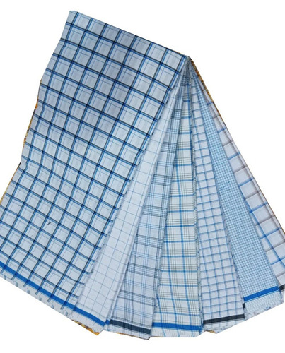 60s Fabric White Checked Lungi - Cotton, 2.10x1.27 Meters, White & Blue, Comfortable Casual Wear