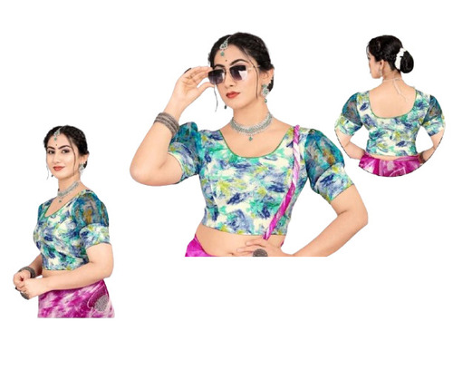 Baloon Sleeves Lycra Stretchable Women Blouse - Lycra L-XXL Multicolor | Digital Foil Print Round Neck Machine Washable Party Wear