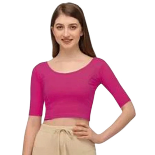 Pink Lycra Hosiery Blouse - Lycra Blend L-XXL Pink 9 Inch Sleeves | Round Neck Telestar Mult Print Machine Washable Formal Party Wear