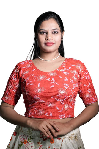 Red Stretchable Readymade Blouse - Lycra Blend, L-XXL, Red, Hand Painted Crushed Fabric with Pigment Jari Work, V-Neck, Elbow Sleeves, Breathable, Washable, Party Wear