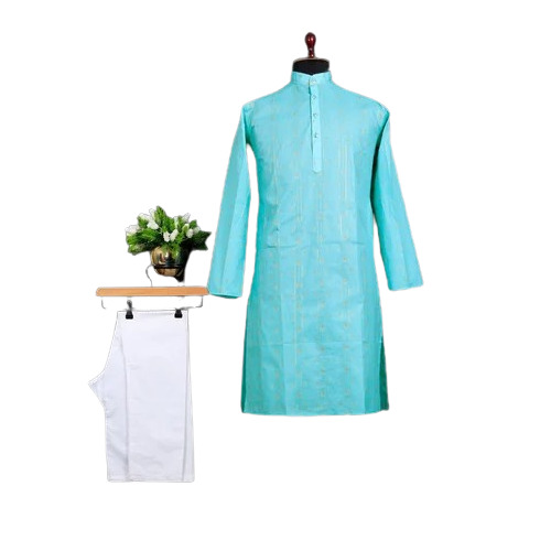 Sequence Kurta With Pajama - Cotton, Size M, Sky Blue & White, Elastic Waist Band, Breathable & Washable