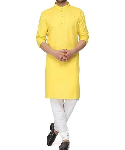 Yellow Mens Kurta Pajama Set - Cotton, M Size, Yellow, Elastic Waistband | Breathable, Comfortable, Washable