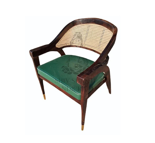 Cane Wooden Dining Chair - Natural Cane Wooden Frame Cotton Cushion Brown Green | Indoor Eco-Friendly With Armrest Set of 2