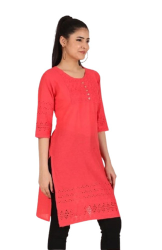 Ladies Chikan Kurti - Cotton, Customized Size, Multiple Colors | Breathable, Light Weight, Washable, 3-4th Sleeve, Casual A-line