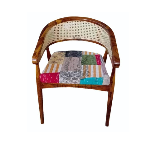 Wooden Cane Chair Round Back - Wooden Frame, Brown, 18 Inch Seating Height | With Armrest, Cushion, Eco-Friendly, Indoor Use