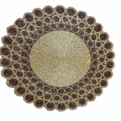 15inch Polyester Beaded Table Mat - Golden and Maroon, Embroidered, Anti-Slip, Waterproof, Washable