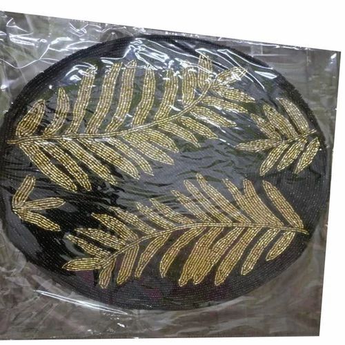 Black Polyester Beaded Table Mat - 15 Inch, Black and Golden, Embroidered | Adhesive-Protective, Anti-Slip, Washable